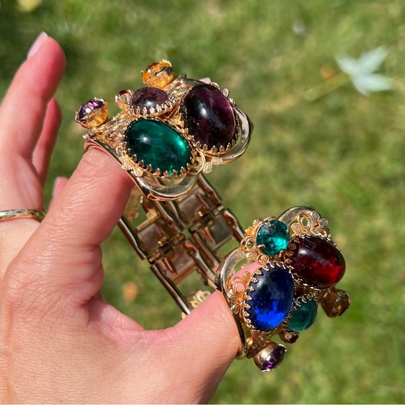 Rare 14k Gold Over Nickel Vintage Unsigned Gripoix Style Clamper Bracelet - Picture 2 of 5